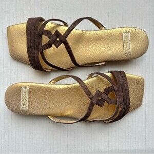 Shoola‎ Layla Brown Leather Slide Sandals Metallic Gold Footbed Size EU 39 US 8